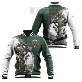 Aiton Tartan Baseball Jacket with Family Crest and St. Andrew's Cross Accented by Thistle Vines