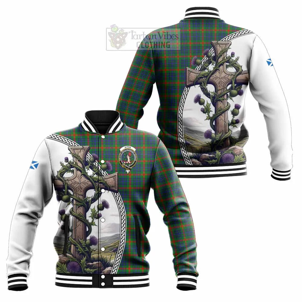 Aiton Tartan Baseball Jacket with Family Crest and St. Andrew's Cross Accented by Thistle Vines