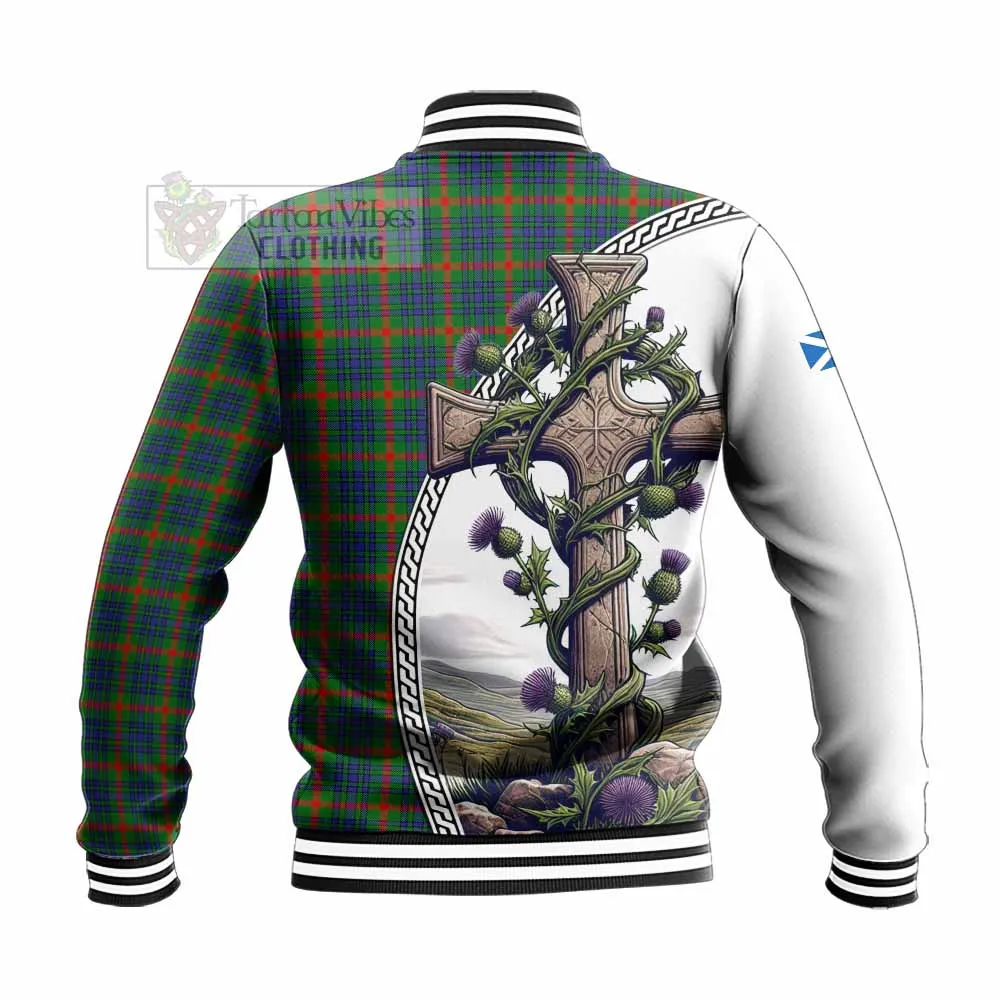 Aiton Tartan Baseball Jacket with Family Crest and St. Andrew's Cross Accented by Thistle Vines