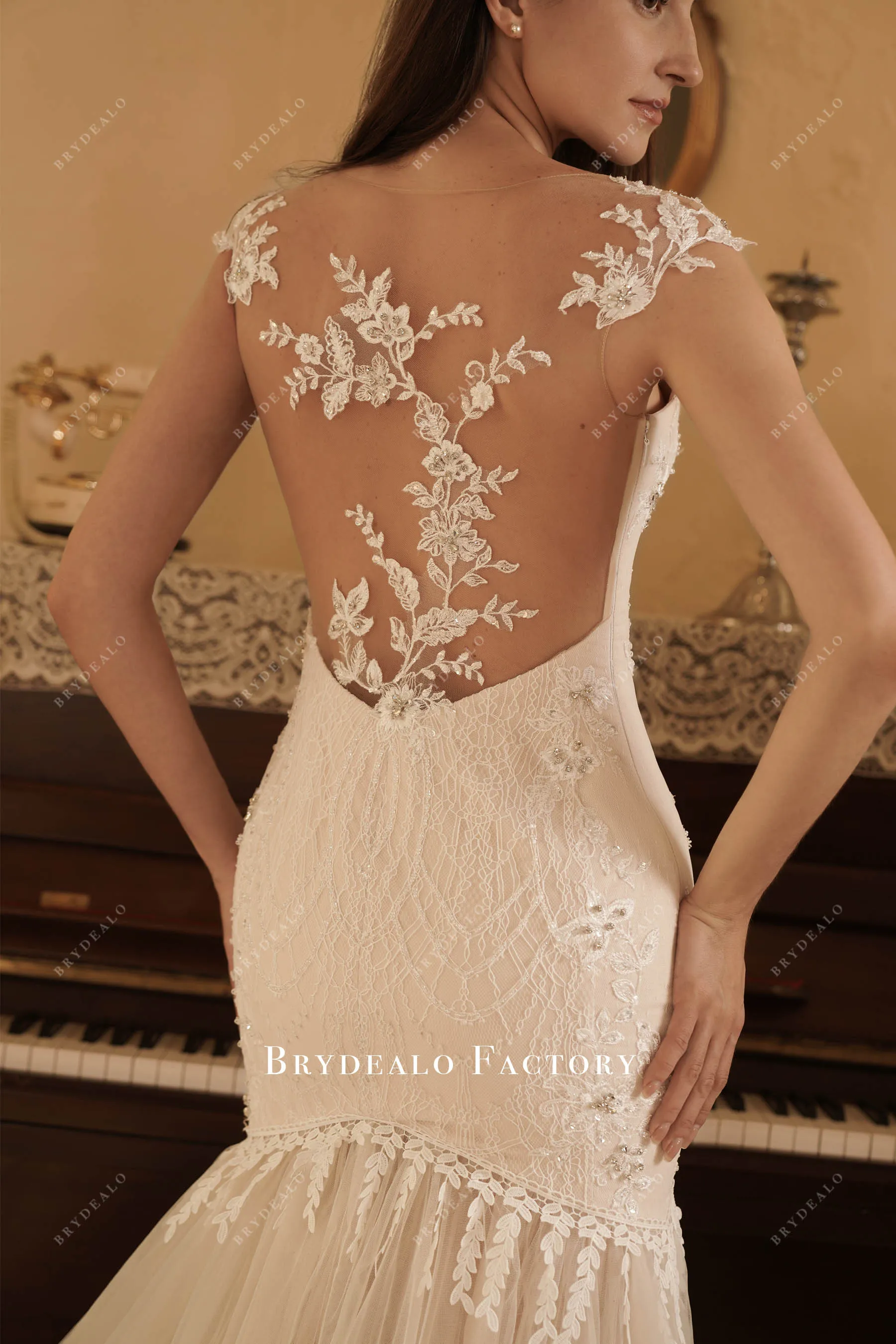 Champagne Illusion Back Beaded Lace Mermaid Wedding Dress