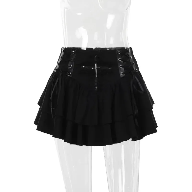 Goth Dark Punk Cross Patchwork Pleated Skirt
