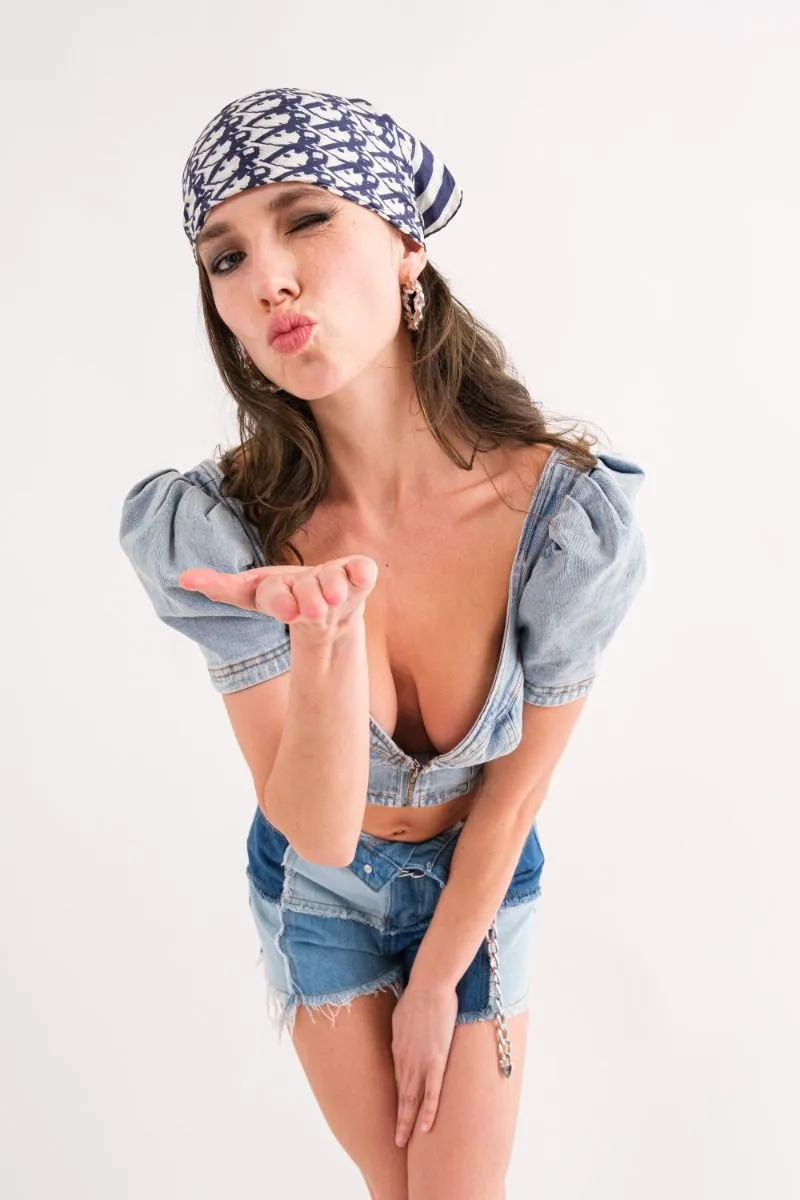 Jordi Puff Sleeve Bustier Zip Up Denim Crop Top