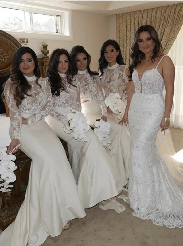 Mermaid High Neck Long Sleeves Sweep Train Ivory Bridesmaid Dress